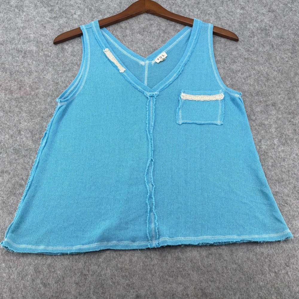 POL Blue Knit V-Neck Tank Top with Lace Trim Pocket and Raw Seams Small